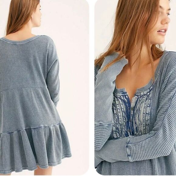 fp XS One Jolene Waffle Knit Stone Washed Blue Tiered Long Sleeve Dress - Picture 2 of 16